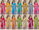 Cotton Teal Blue Printed Saree with Designer Geometric Border-14 Pcs Set.