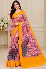 Weightless Printed Peacock Design Saree with Designer Border - 6 Pcs Set