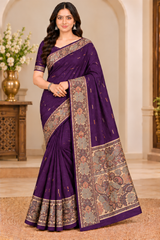 Cotton Royal Blue Designer Saree with Floral Jacquard Border-14 Pcs Set.