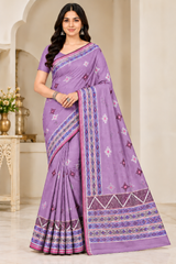 Cotton Teal Blue Printed Saree with Designer Geometric Border-14 Pcs Set.
