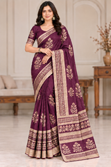 Cotton Pink Printed Saree with Contrast Border and Designer Pallu-15 Pcs Set.