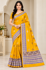 Cotton Teal Blue Printed Saree with Designer Geometric Border-14 Pcs Set.