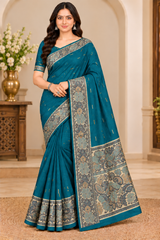 Cotton Royal Blue Designer Saree with Floral Jacquard Border-14 Pcs Set.