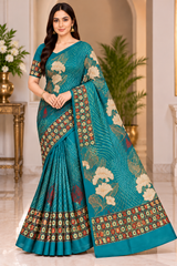 Weightless Designer Floral Printed Saree with Contrast Border - 6 Pcs Set