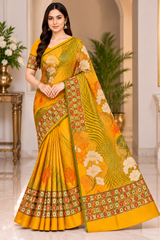 Weightless Designer Floral Printed Saree with Contrast Border - 6 Pcs Set