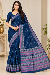 Cotton Navy Blue Printed Saree with Designer Border -16 Pcs Set.