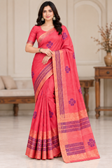 Cotton Pink Printed Saree with Contrast Border and Designer Pallu-15 Pcs Set.