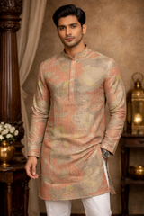 Men’s Designer Peach Gold Jacquard Kurta with Sequin Work – Mandarin Collar Ethnic Wear-M.R. Saree Emporium