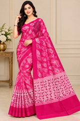 Weightless Pink Printed Saree with Designer Border - 5 Pcs Set.