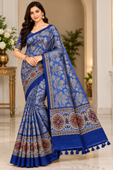 Weightless Royal Blue Printed Silk Saree with Designer Border -6 Pcs Set.