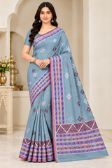 Cotton Teal Blue Printed Saree with Designer Geometric Border-14 Pcs Set.