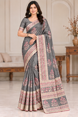 Cotton Pink Printed Saree with Contrast Border and Designer Pallu-15 Pcs Set.