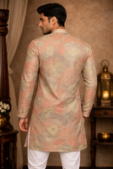 Men’s Designer Peach Gold Jacquard Kurta with Sequin Work – Mandarin Collar Ethnic Wear-M.R. Saree Emporium