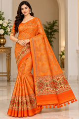 Weightless Royal Blue Printed Silk Saree with Designer Border -6 Pcs Set.