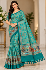 Weightless Royal Blue Printed Silk Saree with Designer Border -6 Pcs Set.