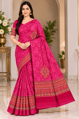 Weightless Green Printed Saree with Designer Border - 6 Pcs Set.