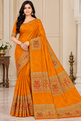 Weightless Green Printed Saree with Traditional Designer Border - 6 Pcs Set.