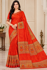Weightless Green Printed Saree with Traditional Designer Border - 6 Pcs Set.