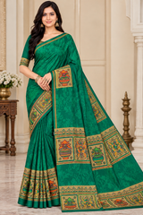 Weightless Green Printed Saree with Traditional Designer Border - 6 Pcs Set.
