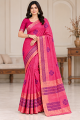 Cotton Pink Printed Saree with Contrast Border and Designer Pallu-15 Pcs Set.