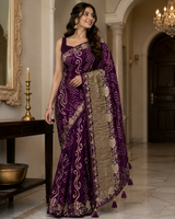 Premium Purple Bandhani Silk Saree with Designer Zari Pallu & Tassels - M.R. Saree Emporium