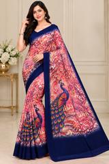 Weightless Printed Peacock Design Saree with Designer Border - 6 Pcs Set