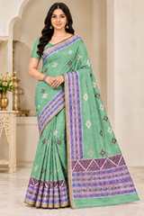 Cotton Teal Blue Printed Saree with Designer Geometric Border-14 Pcs Set.
