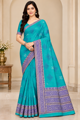 Cotton Green Woven Border Designer Saree - 14 Pcs Set