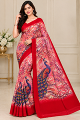 Weightless Printed Peacock Design Saree with Designer Border - 6 Pcs Set