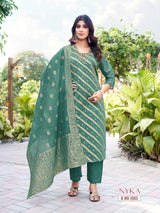 Nyka Straight Cut 3 Pcs Kurti Set (Top + Bottom + Dupatta) – Shimmer Jacquard Butti -M.R. Saree Emporium