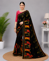 Black Printed Georgette Saree with Designer Pallu