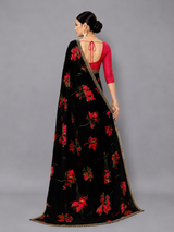 Black Floral Printed Georgette Saree with Golden Border