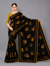 Black Floral Printed Georgette Saree with Striped Pallu