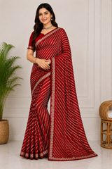 Latest Bandhani Chiffon Saree - Leheriya Stripe 6 Pcs Wholesale Set