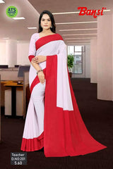 Bansi Teacher Renial Solid Print Uniform Saree With Plain Border & Unstitched Blouse – Daily Wear Staff Saree | Wholesale by M.R. Saree Emporium