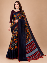 Black Floral Printed Georgette Saree with Tassel Pallu