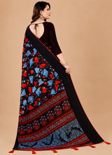 Black Geometric Printed Georgette Saree with Tassel Pallu