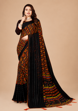 Black Orange Printed Georgette Saree with Tassel Pallu