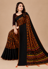Black Orange Printed Georgette Saree with Tassel Pallu