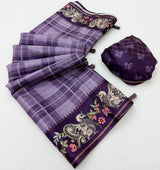 Charvi Tusser Saree with Kalamkari Pallu & Zari Checks- 6 Pcs Set.