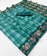 Charvi Tusser Saree with Kalamkari Pallu & Zari Checks- 6 Pcs Set.