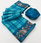 Charvi Tusser Saree with Kalamkari Pallu & Zari Checks- 6 Pcs Set.