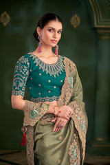 Luxury Chinon Silk Saree with Floral Embroidery & Designer Blouse