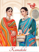 Ekstree Kamakshi Moss Chiffon Fancy Print Saree With Swarovski Lace Border – 8 Pcs Set Wholesale Collection-M.R. Saree Emporium