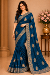 Gold Satar Fabric Designer Saree 5 Pcs Set With Zari Peacock Booti & Rich Zari Border-M.R. Saree Emporium