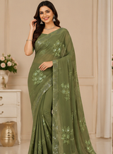 Embroidered Chiffon Saree Set with Floral Design & Border (5 Colors) Lightweight Daily Wear - M.R. Saree Emporium