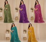 Embroidered Chiffon Saree Set with Floral Design & Border (5 Colors) Lightweight Daily Wear - M.R. Saree Emporium