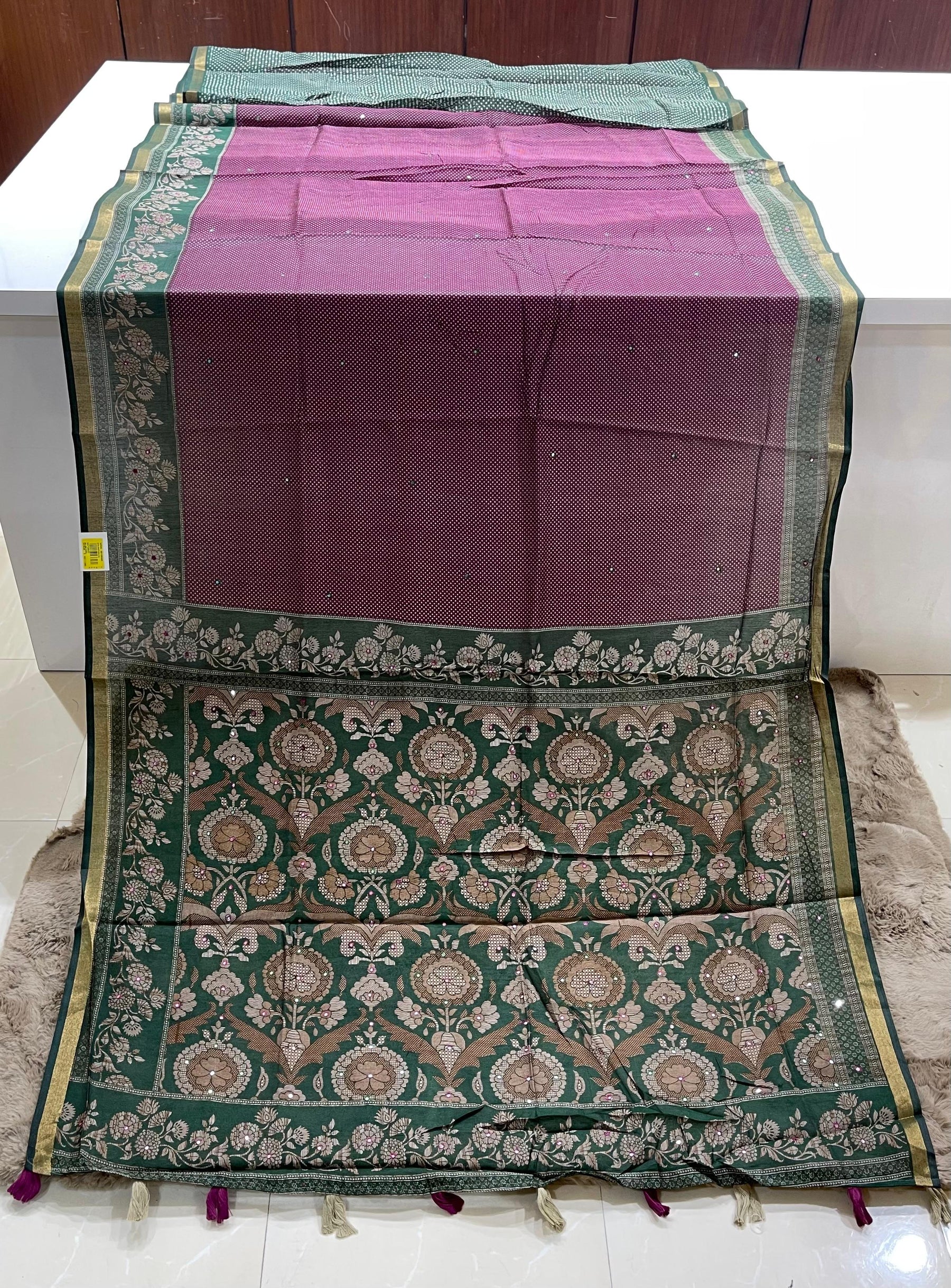 Fancy Print Wine & Green Saree with Jari Border M.R. Saree Emporium
