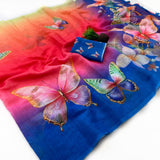 Indira Linen Saree for Women - Soft Linen with Fancy Butterfly Print & Tassels Designer Saree (Single Available) - M.R. Saree Emporium