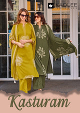 Kadlee Kasturam Rayon Printed Kurti Pant Dupatta Set - 6 PCS Set - Designer Handwork Ethnic Wear - M.R. Saree Emporium
